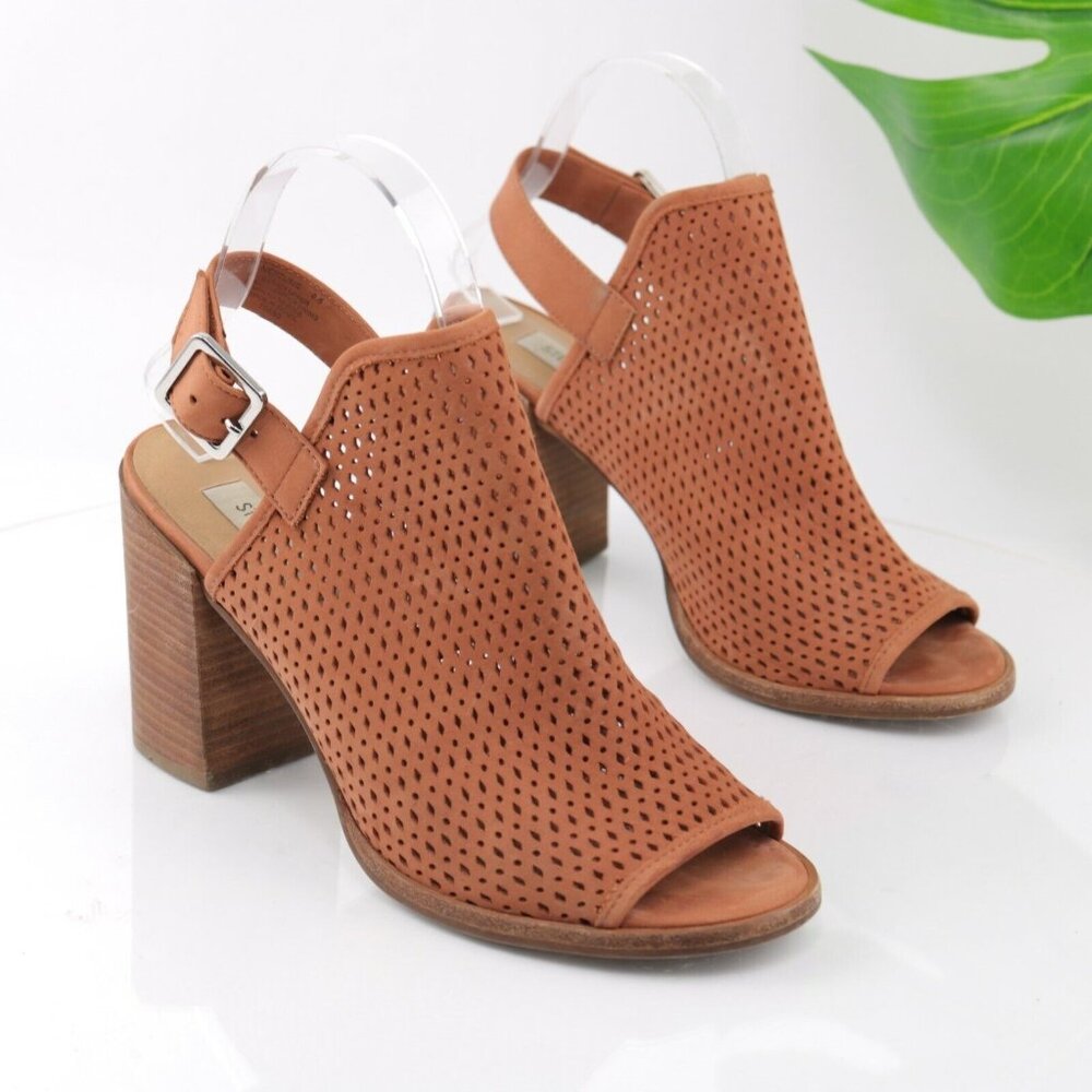 Steve Madden Womens Neptune Sandal Size 8.5 Brown Leather Block Heel Peep Toe - Picture 2 of 12